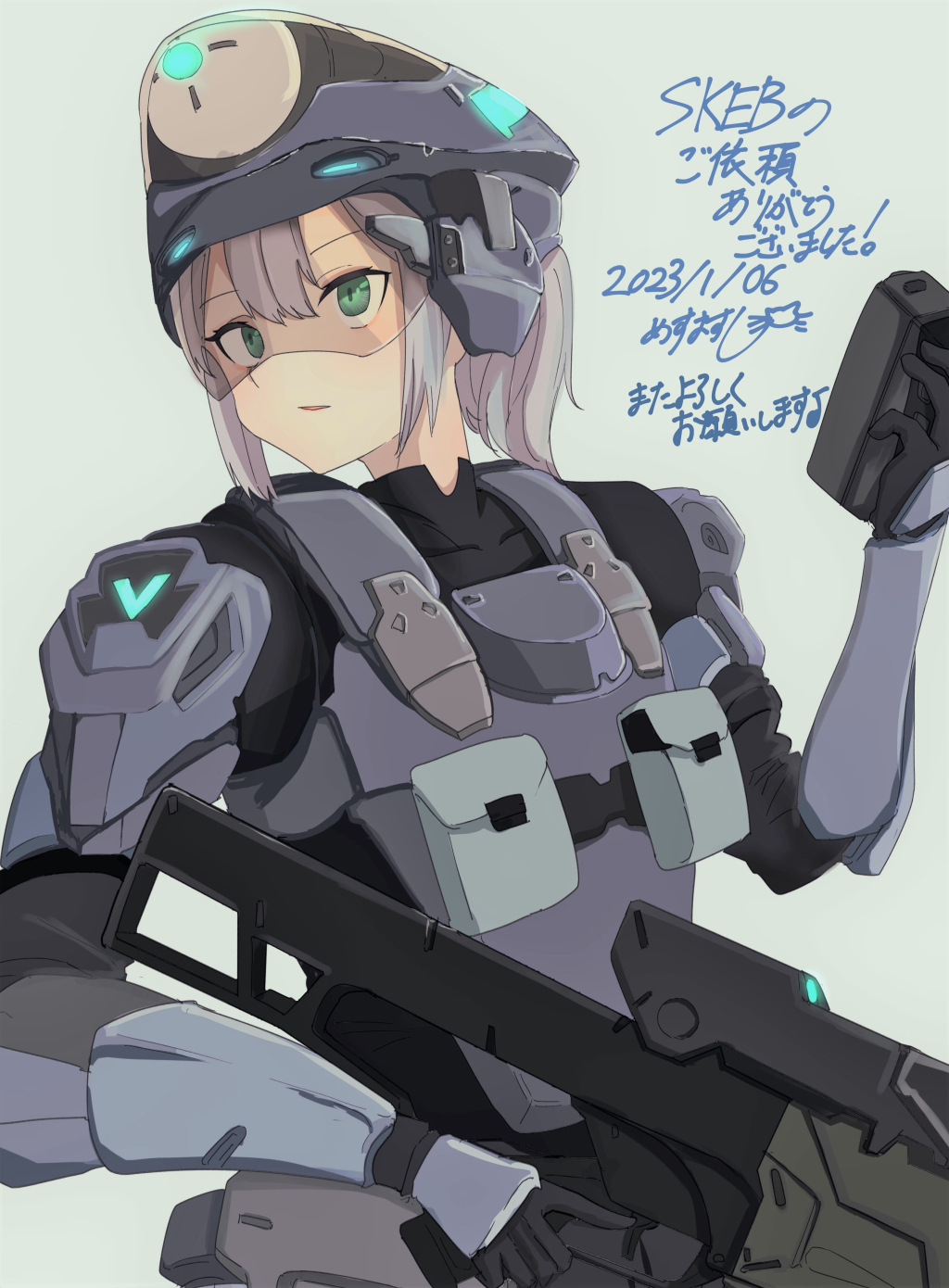 1girl, armor, armored_bodysuit, bracer, breastplate, commission, goddess_of_victory:_nikke, green_eyes