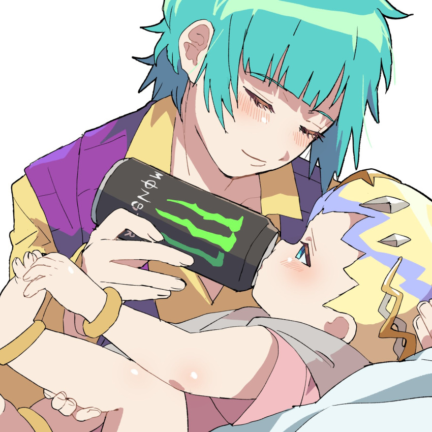 1boy, 1girl, aqua_hair, blonde_hair, blue_eyes, blunt_bangs, blush, bolt_(pretty_series)