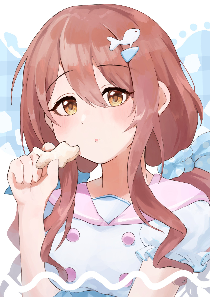 1girl, absurdres, blue_scrunchie, brown_hair, buttons, cookie, deibadoo, dot_nose