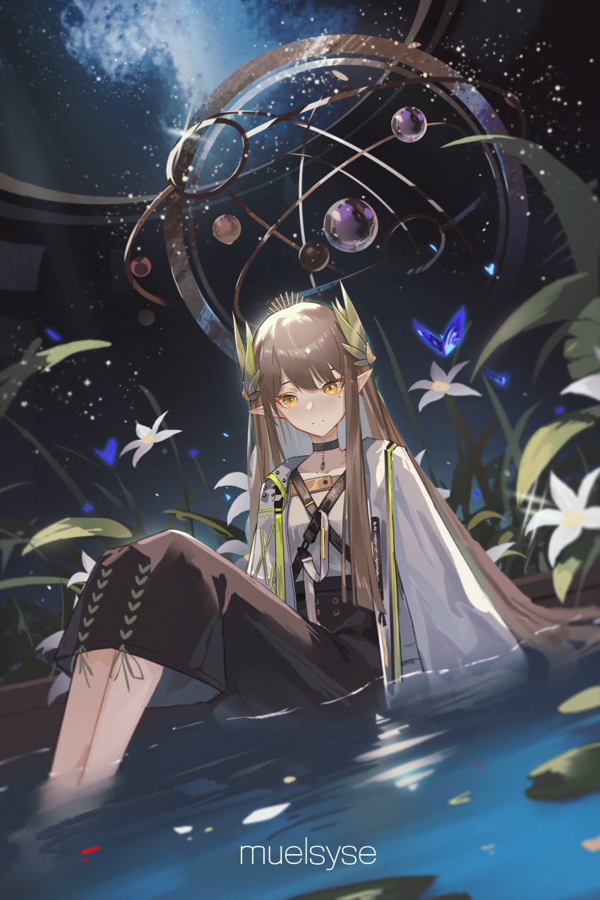 1girl, absurdres, arknights, black_choker, black_skirt, brown_hair, bug, butterfly