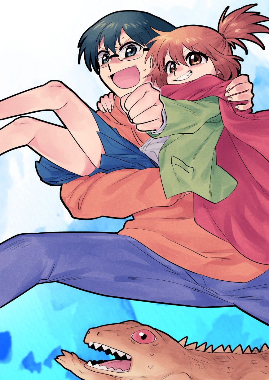 1boy, 1girl, amamiya_yuuhi, asahina_samidare, blue_eyes, brown_eyes, brown_hair, cape
