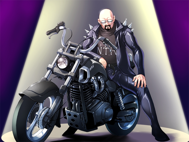 bald, beard, game_cg, houou_senki_maimu, kinmedai_pink, leather, male, motorcycle, spikes, spotlight, sunglasses