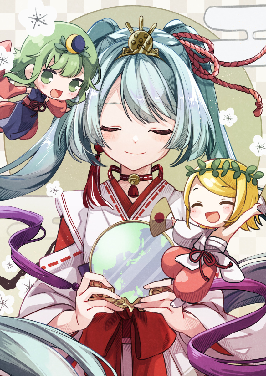 3girls, absurdres, blonde_hair, blue_hair, closed_eyes, earrings, green_eyes, green_hair