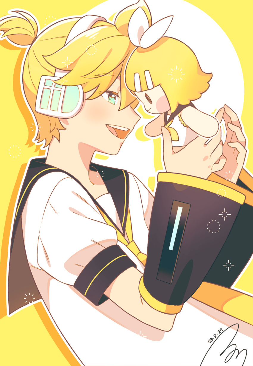 1boy, absurdres, black_sailor_collar, black_sleeves, blonde_hair, blush_stickers, bon_bon_eee, bow