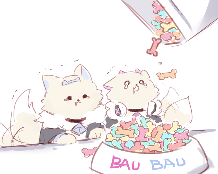 2girls, animal_ears, animalization, black_jacket, bowl, box, cartoon_bone, dog, dog_ears, dog_tail, drooling, fur_trim, fuwawa_abyssgard, fuwawa_abyssgard_(dog), hairband, headphones, headphones_around_neck, hololive, hololive_english, jacket, mococo_abyssgard, mococo_abyssgard_(dog), motion_blur, multiple_girls, open_mouth, pet_bowl, pet_food, pouring, saliva, smile, tail, tail_wagging, tears, yuuyu_(777)