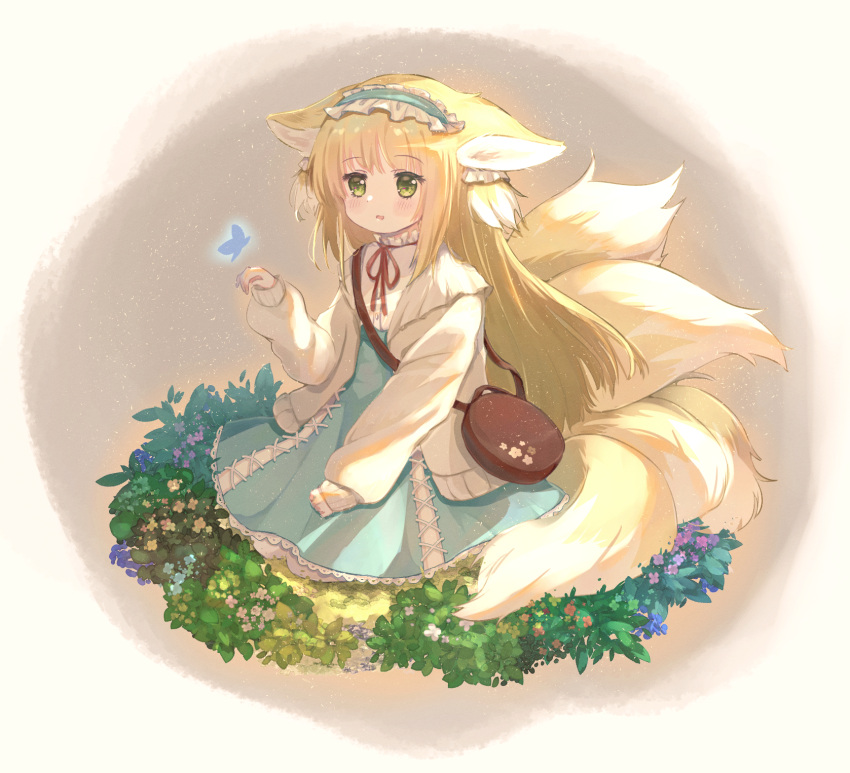 1girl, animal_ear_fluff, animal_ears, arknights, bag, blonde_hair, blue_butterfly, blue_hairband, blue_skirt, blush, brown_bag, bug, butterfly, cardigan, commentary, cross-laced_clothes, cross-laced_skirt, cross-laced_slit, fox_ears, fox_girl, fox_tail, frilled_hairband, frills, full_body, green_eyes, hair_ornament, hair_scrunchie, hairband, handbag, high-waist_skirt, highres, kitsune, kyuubi, long_hair, long_sleeves, multiple_tails, neck_ribbon, official_alternate_costume, open_cardigan, open_clothes, open_mouth, puffy_long_sleeves, puffy_sleeves, red_ribbon, revision, ribbon, round_bag, scrunchie, seiza, shirt, shoulder_bag, sitting, skirt, solo, suzuran_(arknights), suzuran_(spring_praise)_(arknights), tail, vita_(mitac), white_shirt, yellow_cardigan