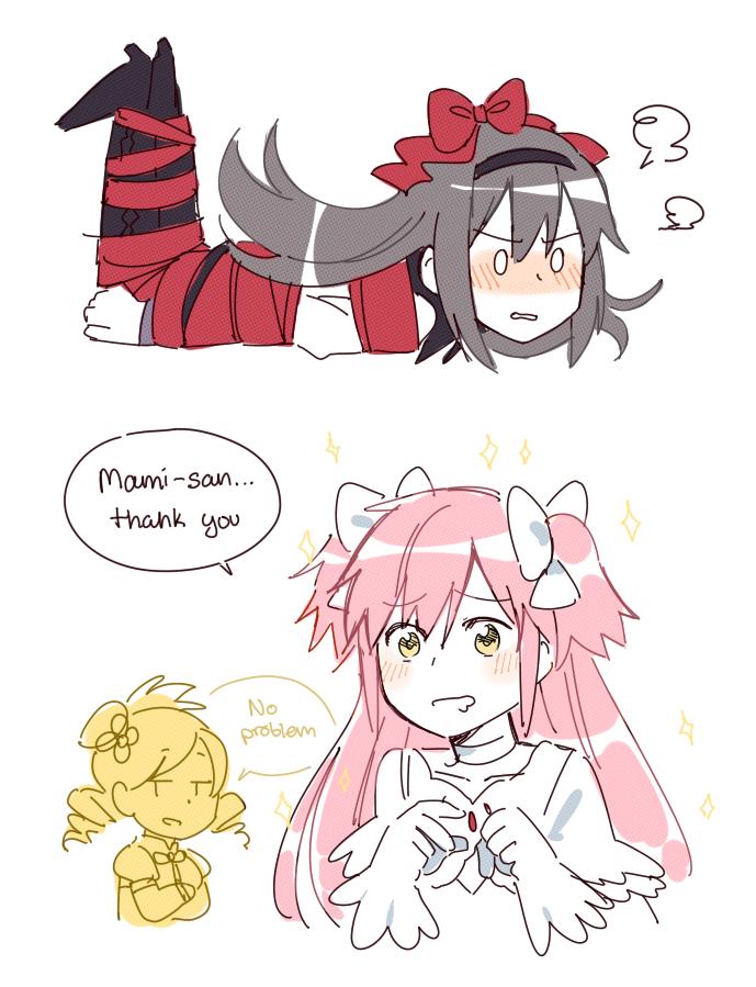 3girls, absurdly_long_hair, akemi_homura, akuma_homura, ange_(angeban93), argyle, argyle_legwear, bdsm