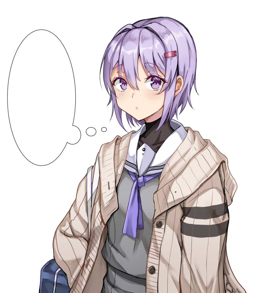 1girl, a.i._voice, absurdres, amagi_(amagi626), bag, blank_thought_bubble, blush, cardigan