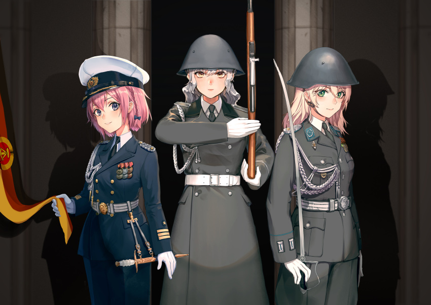 3girls, absurdres, aiguillette, blonde_hair, coat, combat_helmet, east_german, east_german_flag