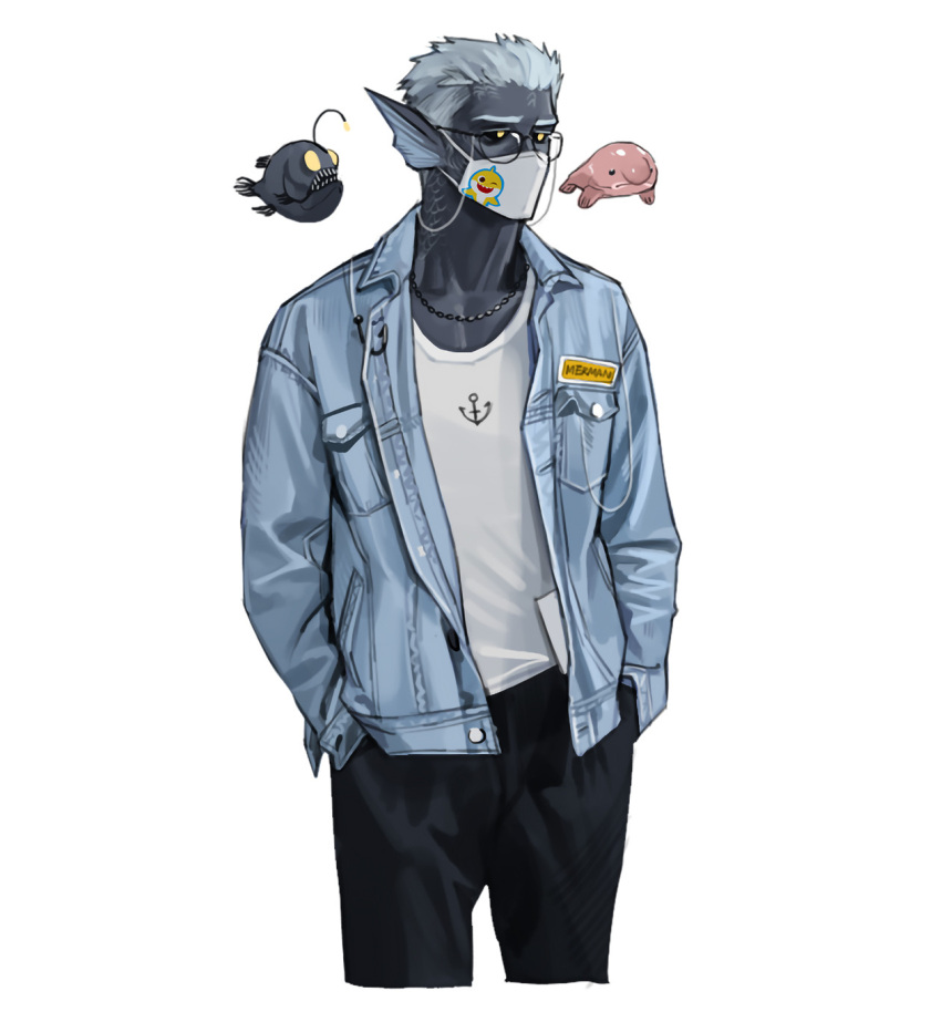 1boy, anglerfish, baby_shark, black_pants, black_sclera, black_skin, blobfish, blue_shirt