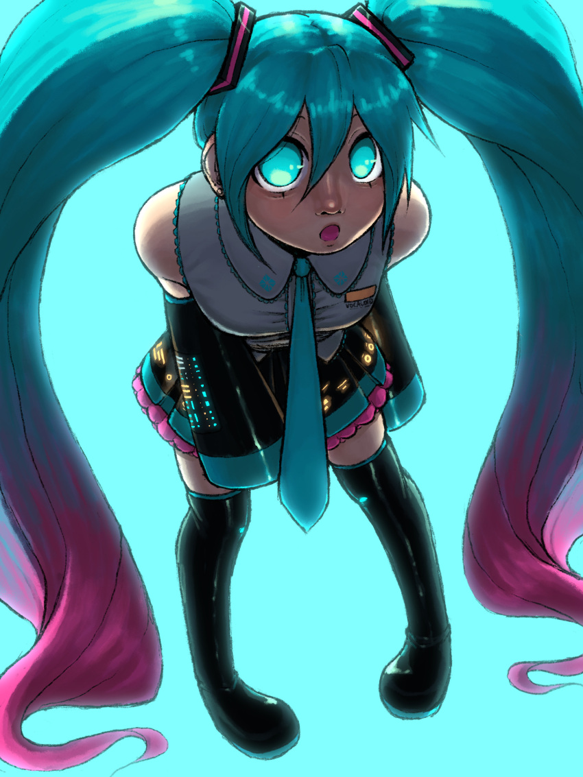 1girl, backlighting, blue_eyes, blue_hair, boots, detached_sleeves, dreamscreep, glowing