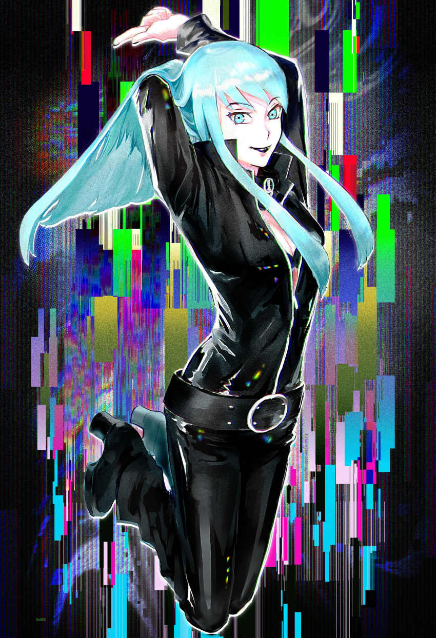 absurdres, black_bra, black_choker, black_jumpsuit, black_lips, blue_hair, boots, bra