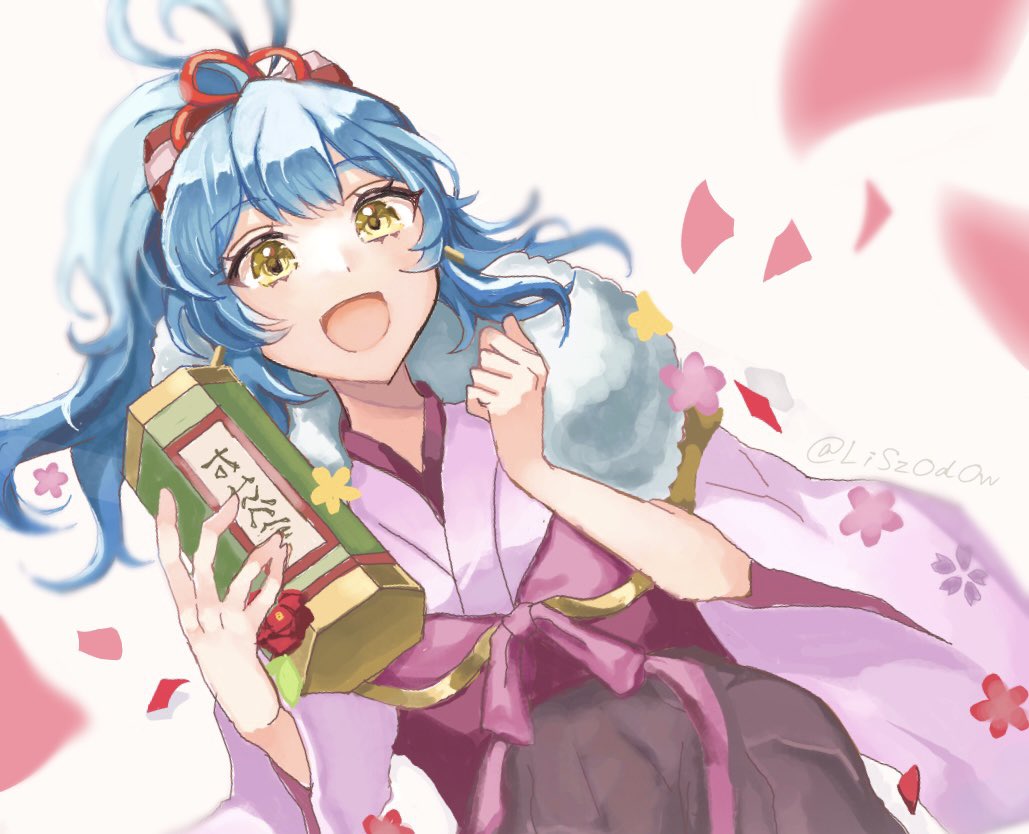 1girl, :d, blue_hair, bow, earrings, fire_emblem, fire_emblem_heroes, fur_trim