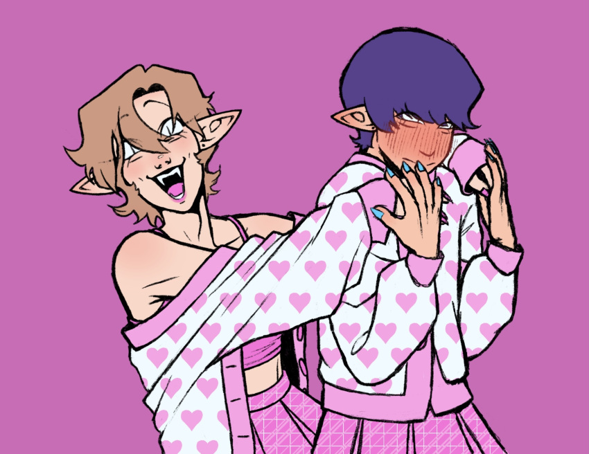 2boys, asmodeus_(obey_me!), blush, commentary, crop_top, crossdressing, demon, demon_boy, dreamscreep, english_commentary, fangs, fingernails, full-face_blush, hair_between_eyes, highres, leviathan_(obey_me!), long_bangs, multiple_boys, nail_polish, obey_me!:_one_master_to_rule_them_all!, open_mouth, otoko_no_ko, pleated_skirt, pointy_ears, self-upload, sharp_fingernails, skirt, smile, sweater, swept_bangs