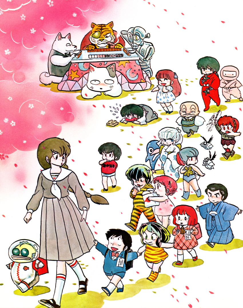 6+boys, 6+girls, ^_^, absurdres, aged_down, animal_print, argyle, argyle_dress, arm_behind_back, backpack, bag, bald, barefoot, bead_necklace, beads, benten_(urusei_yatsura), bird, black_bow, black_bowtie, black_choker, black_eyes, black_footwear, black_hakama, black_leotard, black_vest, blue_eyes, blue_footwear, blue_hakama, blue_kimono, blunt_bangs, blush, boots, bow, bowtie, braid, brown_bow, brown_hair, cat, chain, character_request, cherry_(urusei_yatsura), cherry_blossoms, choker, cigar, closed_eyes, clothes_writing, crow, crying, crying_with_eyes_open, curly_hair, dappya_monster, dog, dress, eating, everyone, eyepatch, fish_head, fishnet_armwear, floral_print, food, fujinami_ryuunosuke, geta, green_eyes, green_sash, hair_bow, hair_ornament, hair_ribbon, hair_slicked_back, hair_wings, hakama, hand_fan, helmet, highres, holding, holding_bag, holding_chain, holding_fan, holding_food, holding_hands, holding_shuriken, holding_strap, horns, japanese_clothes, jewelry, jumpsuit, kaede_(urusei_yatsura), kimono, knee_boots, kneehighs, kotatsu, kotatsu-neko, kurama_(urusei_yatsura), laughing, leaf_fan, leotard, loafers, long_hair, long_skirt, looking_at_viewer, low_ponytail, lum, mahjong, mahjong_tile, mary_janes, mendou_ryouko, mendou_shuutarou, miyake_shinobu, mizunokouji_tobimaro, moroboshi_ataru, multicolored_hair, multiple_boys, multiple_girls, name_tag, necklace, ninja, non-web_source, obi, official_art, oni, oni_horns, open_mouth, oyuki_(urusei_yatsura), penguin, pink_dress, pink_eyes, pink_hair, pink_ribbon, pointing, pointing_at_another, ponytail, ran_(urusei_yatsura), randoseru, red_eyes, red_footwear, red_shirt, redhead, rei_(urusei_yatsura), ribbon, robot, sailor_collar, sakura_(urusei_yatsura), sandals, sash, shirt, shoes, short_hair, shuriken, single-shoulder_dress, skirt, skirt_hold, sleeveless, sleeveless_dress, smoking, socks, space_helmet, spacesuit, sparkling_eyes, star_(symbol), star_print, table, takahashi_rumiko, tears, tiger, tiger_print, traditional_media, under_kotatsu, under_table, urusei_yatsura, vest, walking, weapon, white_dress, white_hair, white_hakama, white_kimono, white_ribbon, white_sailor_collar
