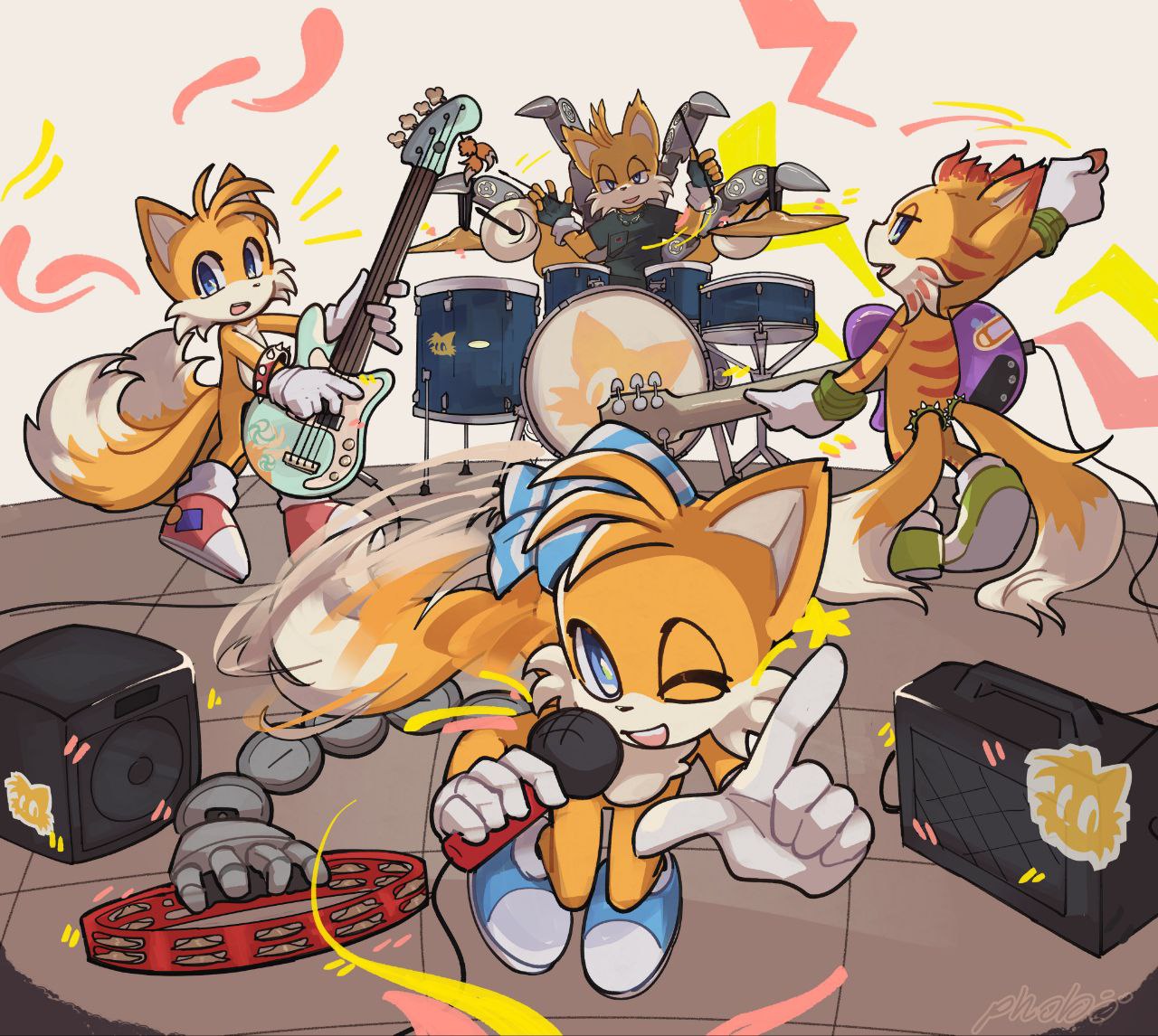 4boys, band, bass_guitar, bracelet, commentary, cymbals, drum, drum_set, drumsticks, electric_guitar, english_commentary, fingerless_gloves, fox_boy, furry, furry_male, gloves, guitar, holding, holding_drumsticks, instrument, jewelry, looking_at_viewer, male_focus, mangey_(sonic), mechanical_arms, microphone, multiple_boys, music, nine_(sonic), one_eye_closed, orange_fur, pholooo, playing_instrument, plectrum, sails_(sonic), signature, singing, sonic_prime, stage, tails_(sonic), white_gloves