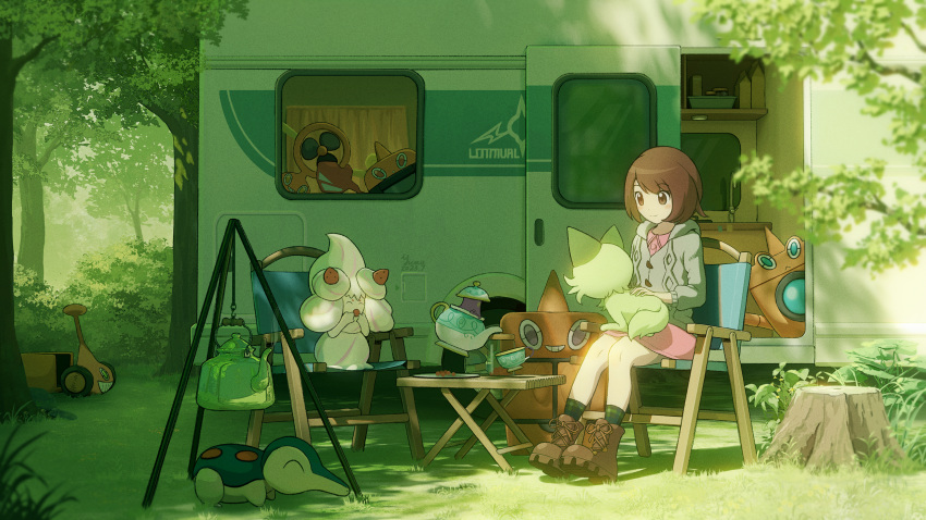 1girl, alcremie, boots, brown_eyes, brown_footwear, brown_hair, bush, caravan
