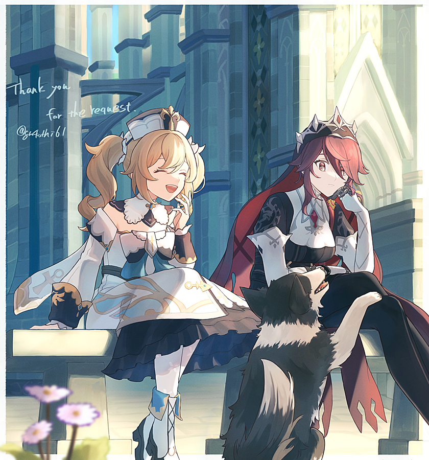 2girls, arm_support, barbara_(genshin_impact), blonde_hair, border, cathedral, church, claw_ring