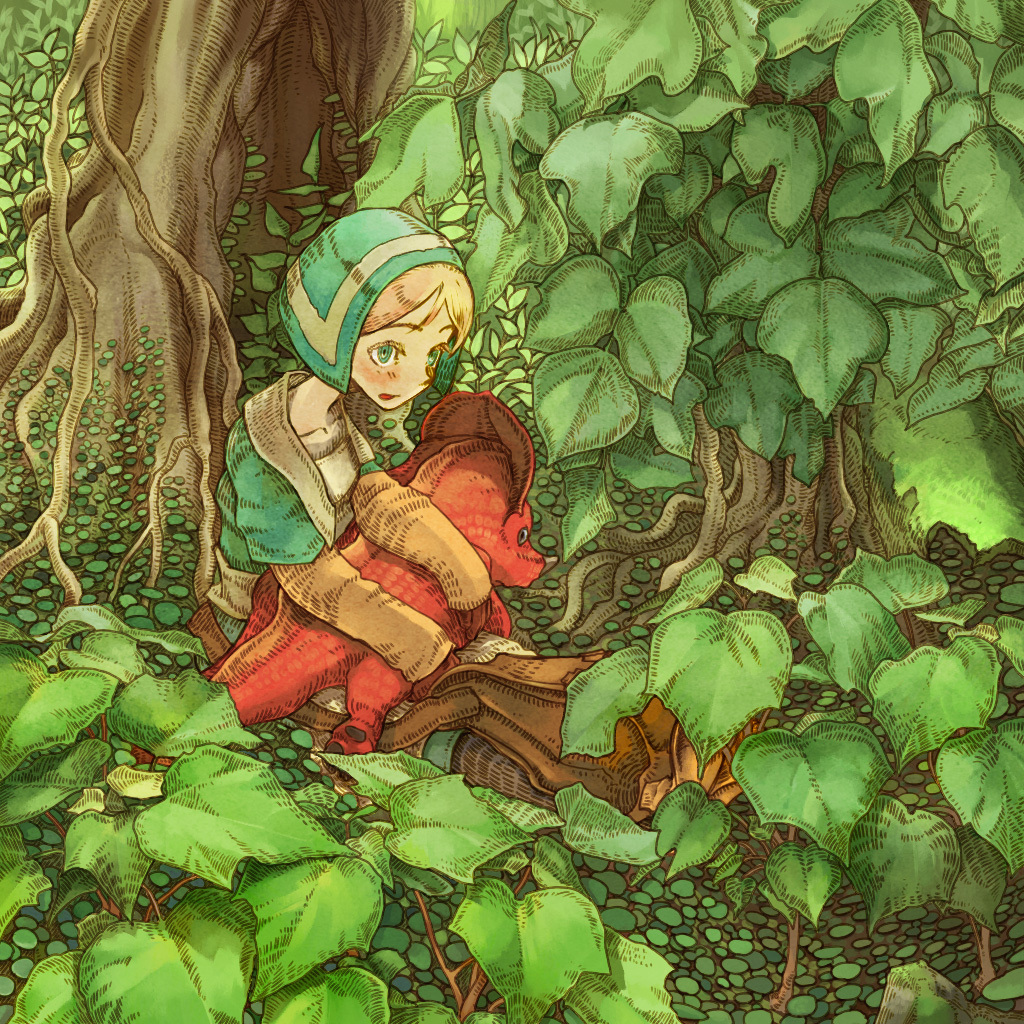blonde_hair, chemist_(fft), dinosaur, final_fantasy, final_fantasy_tactics, hood, leaf, roots