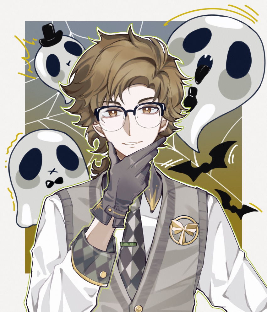 1boy, badge, bat_(animal), black-framed_eyewear, border, bright_pupils, brown_eyes, checkered_necktie