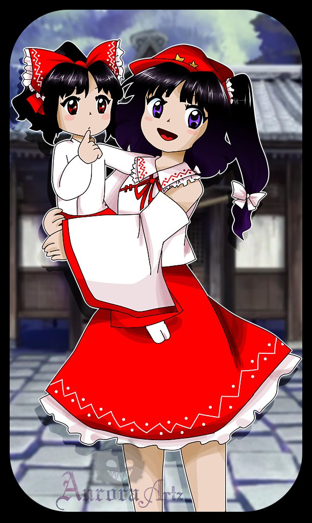 2girls, aurora_artz, baby, bare_shoulders, black_hair, blue_eyes, blue_hair, bow