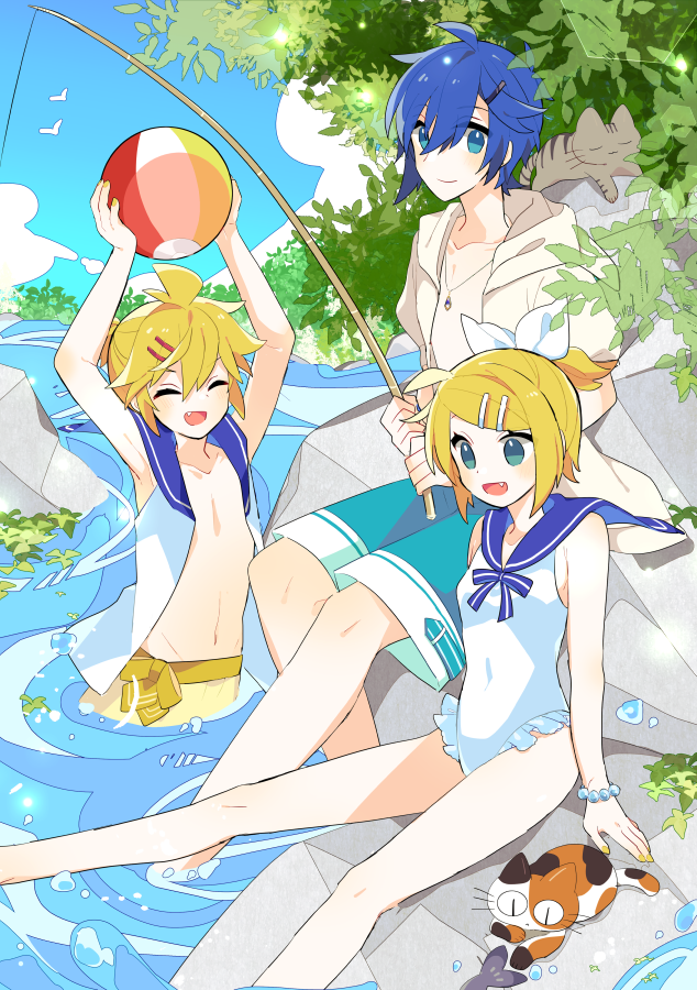 1girl, 2boys, :d, ^_^, ahoge, aqua_eyes, aqua_male_swimwear, aqua_sky