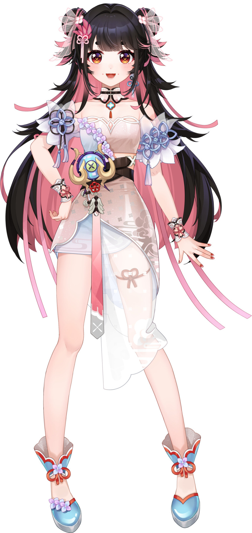 1girl, :d, ankle_cuffs, arm_cuffs, bare_legs, bare_shoulders, belt, black_hair