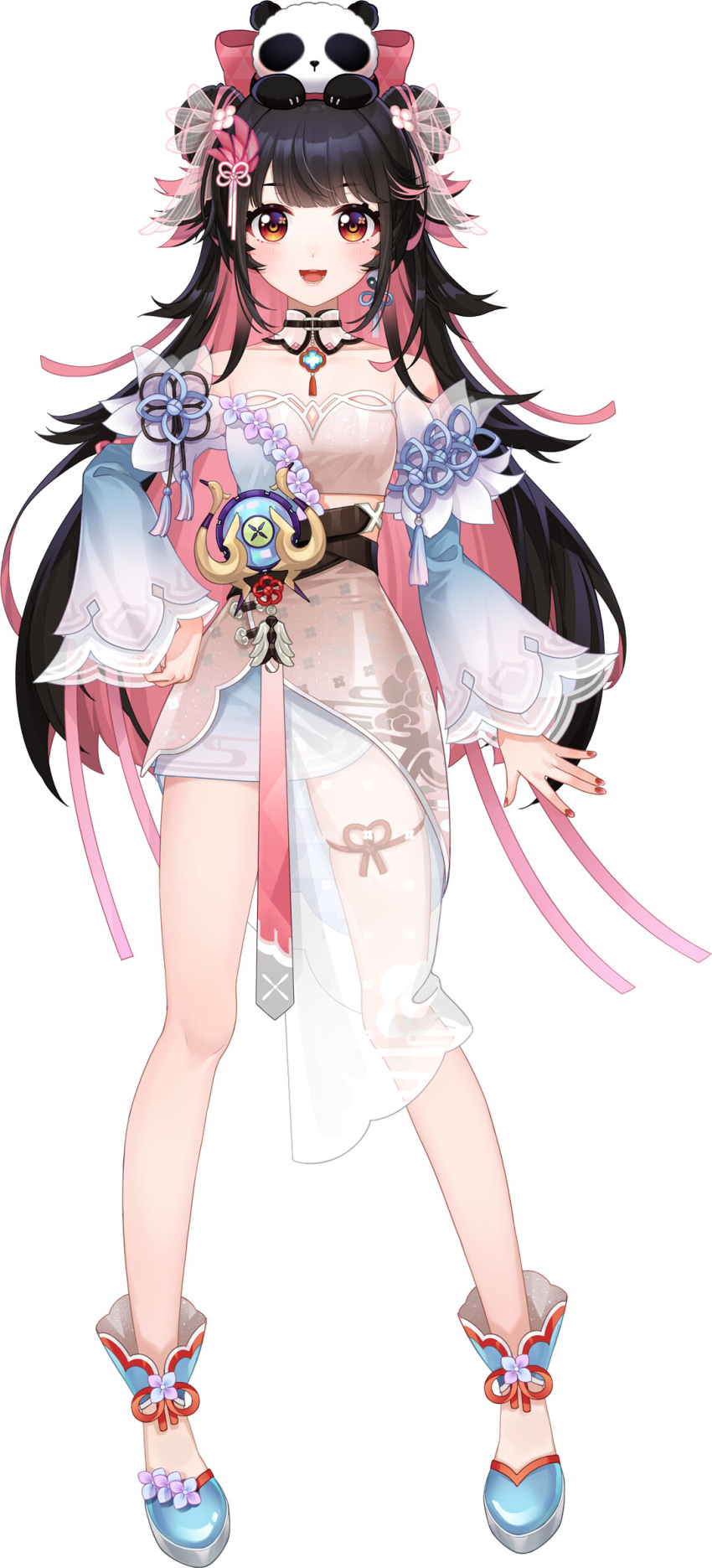 1girl, :d, animal_on_head, ankle_cuffs, bare_legs, bare_shoulders, belt, black_hair, blue_flower, blunt_bangs, blush, bow, brown_belt, cloud_print, colored_inner_hair, detached_collar, detached_sleeves, double_bun, dress, earrings, flower, full_body, hair_bun, hair_flower, hair_ornament, hair_ribbon, hand_on_own_hip, highres, jewelry, leg_ribbon, legs_apart, long_hair, long_sleeves, looking_at_viewer, luona, multicolored_hair, nebula_beat, official_art, on_head, orange_eyes, panda, panda_on_head, pink_bow, pink_dress, pink_flower, pink_hair, pink_ribbon, red_nails, red_ribbon, ribbon, see-through, see-through_skirt_layer, short_dress, single_earring, smile, solo, standing, strapless, strapless_dress, streaked_hair, tachi-e, tassel, teeth, thigh_ribbon, tube_dress, very_long_hair, virtual_youtuber, white_background, wide_sleeves, yin_yang, yin_yang_earrings