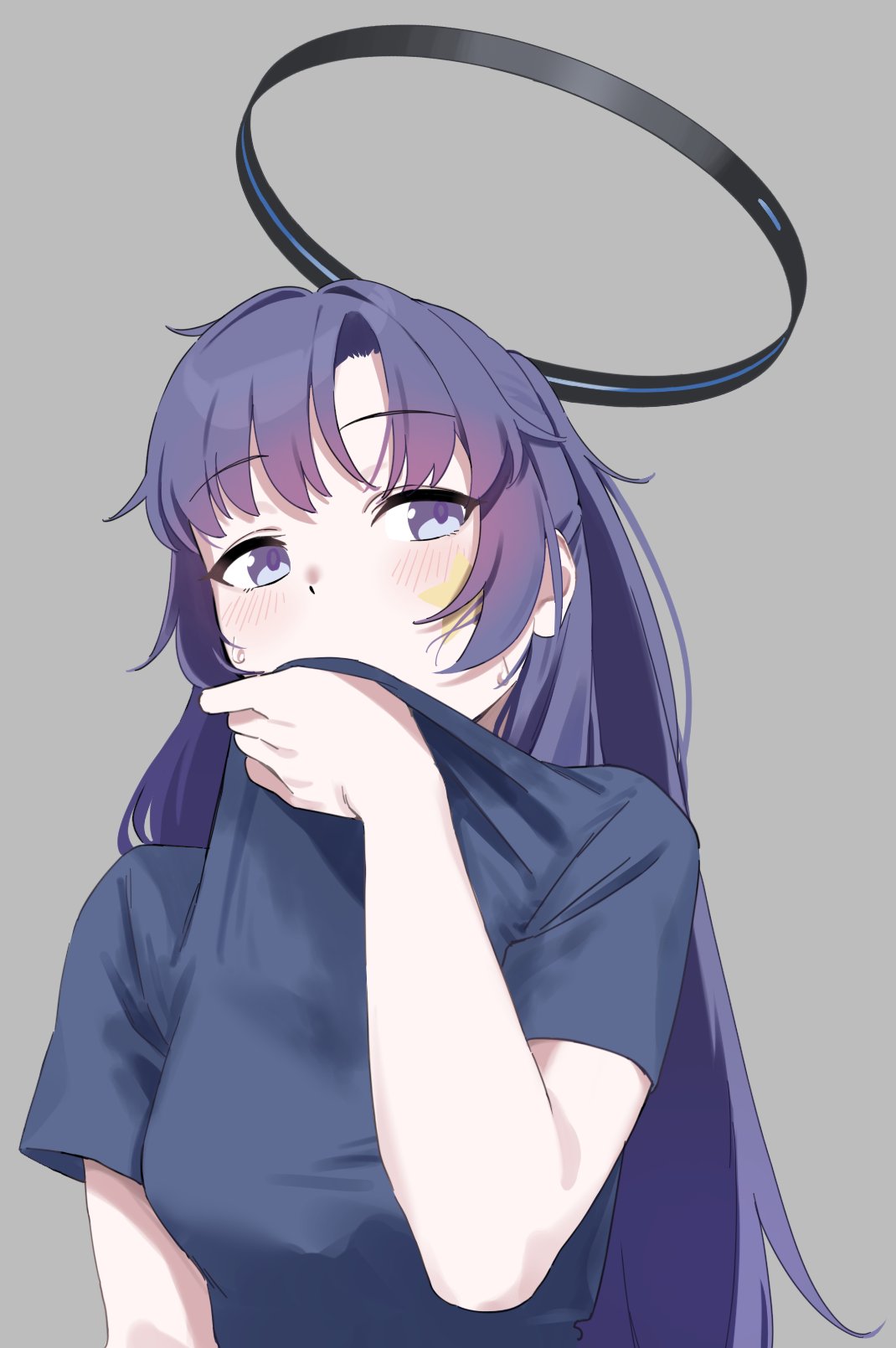 1girl, blue_archive, blue_shirt, blush, breasts, grey_background, halo, highres