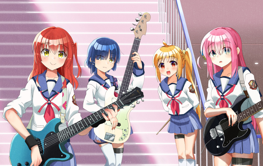4girls, absurdres, ahoge, angel_beats!, bass_guitar, blonde_hair, blue_eyes, blue_hair