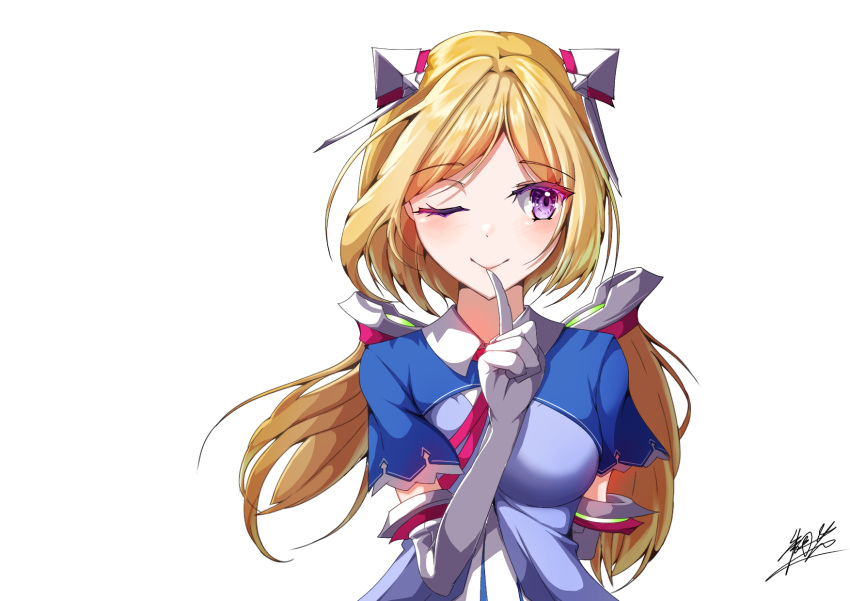 1girl, akatsuki_hikaru, aki_rosenthal, aki_rosenthal_(1st_costume), arm_behind_back, blonde_hair, blue_jacket, breasts, detached_hair, dress, elbow_gloves, finger_to_mouth, gloves, headgear, highres, hololive, jacket, low_twintails, necktie, one_eye_closed, pink_necktie, short_hair, shrug_(clothing), signature, smile, solo, twintails, upper_body, violet_eyes, virtual_youtuber, white_dress, white_gloves