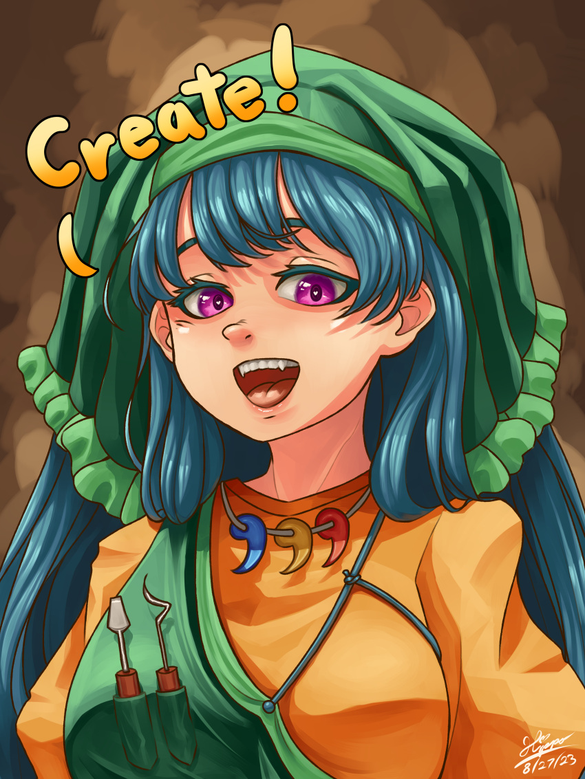 1girl, absurdres, blue_hair, breasts, brown_background, commentary, dated, english_commentary