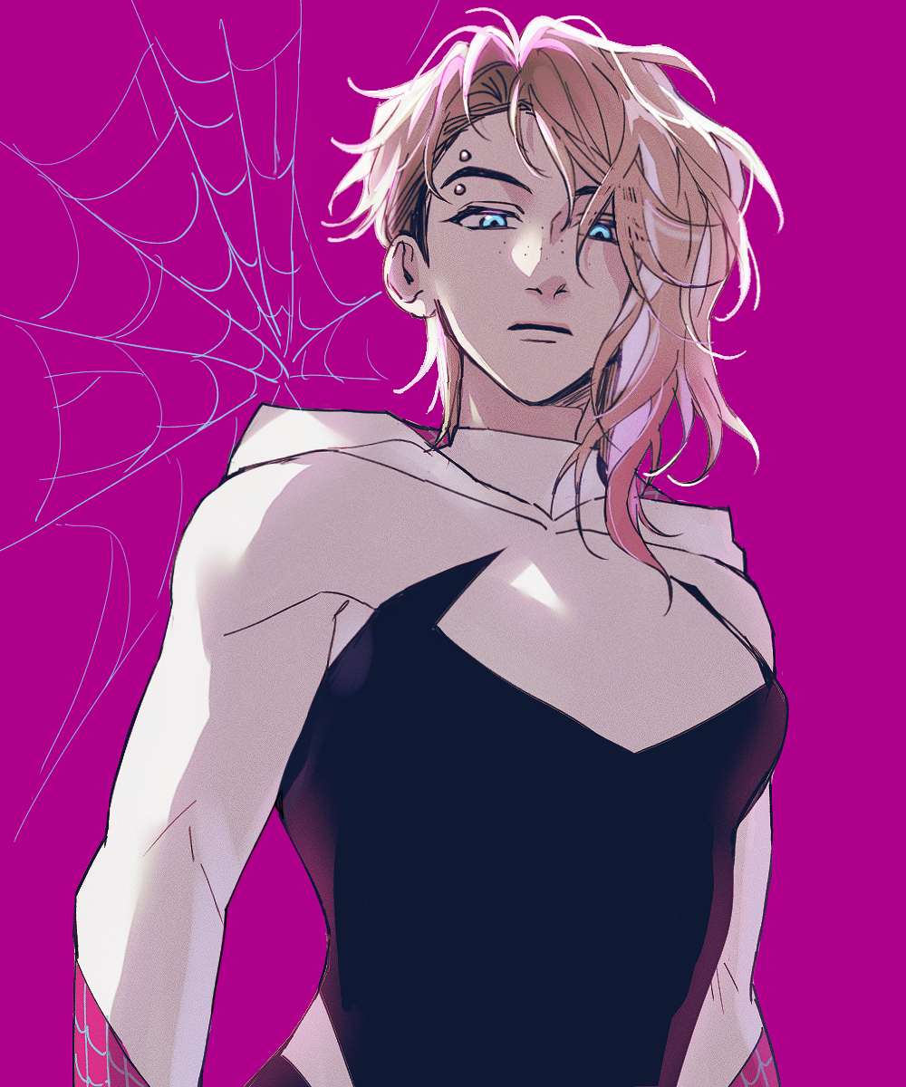 1girl, aqua_eyes, blonde_hair, blue_eyes, breasts, closed_mouth, eyebrow_piercing, gugusam0, gwen_stacy, hair_between_eyes, highres, marvel, medium_breasts, piercing, serious, simple_background, solo, spider-gwen, spider-man:_across_the_spider-verse, spider-man_(series), spider-verse, spider-woman, standing, superhero, upper_body