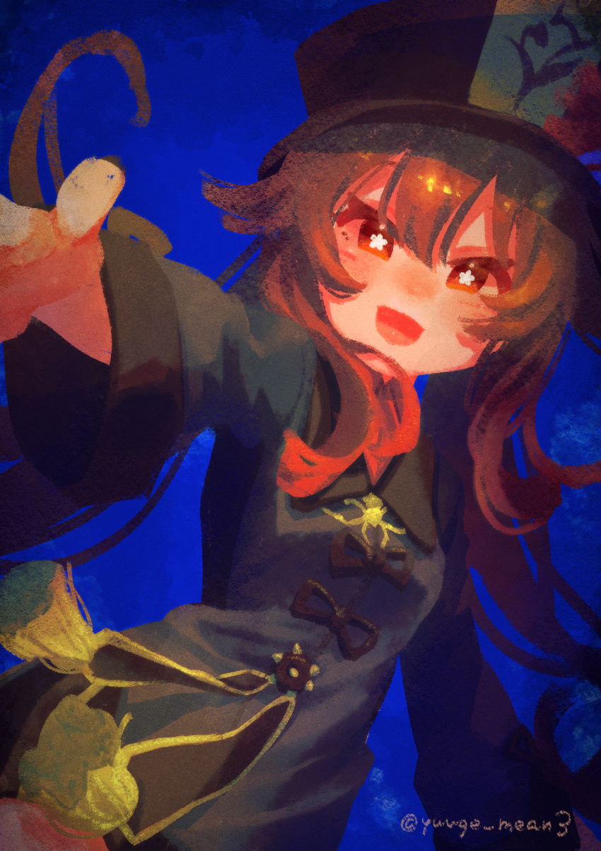 1girl, :d, black_coat, black_headwear, blue_background, blush, bright_pupils, brown_hair