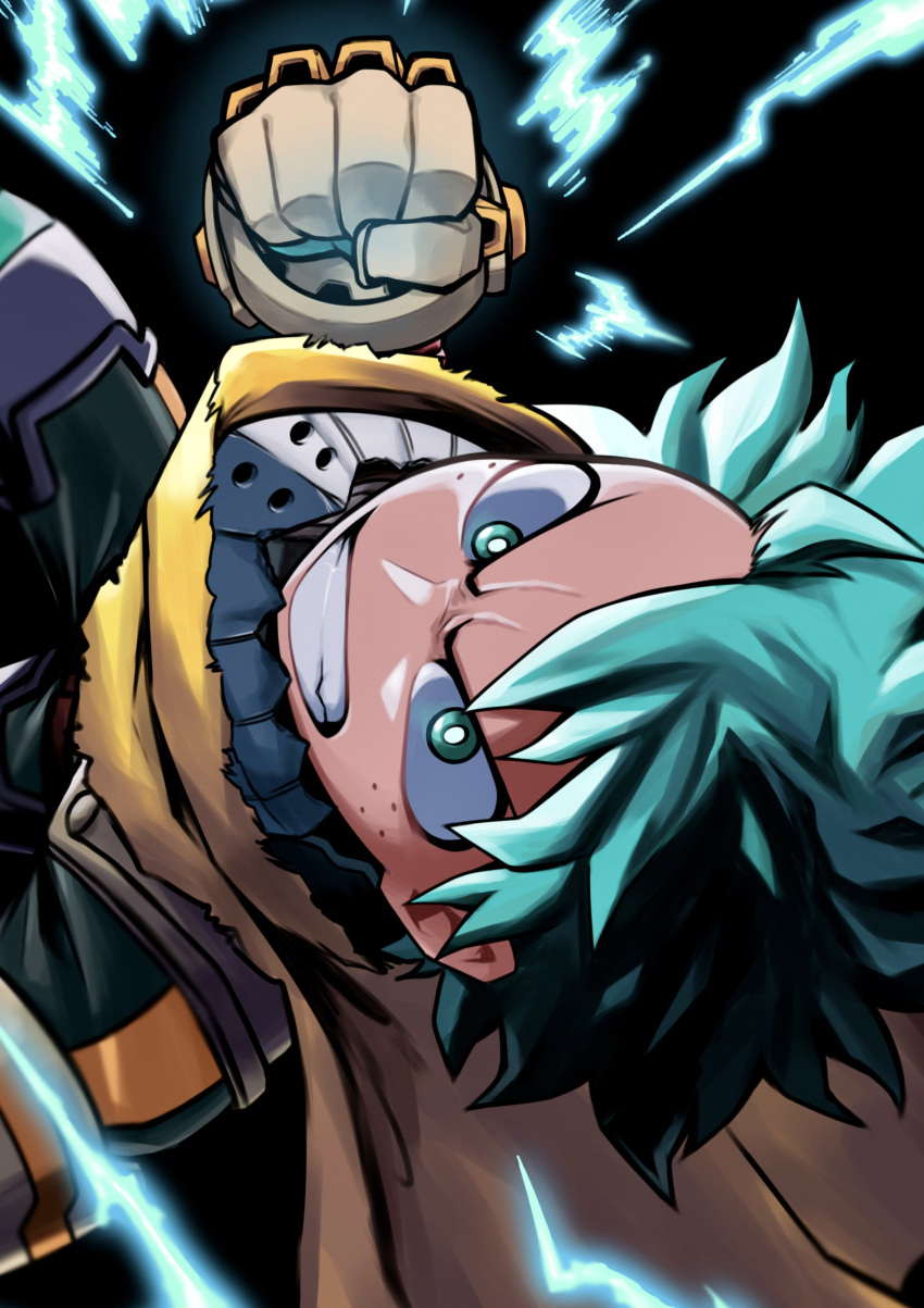 1boy, absurdres, aqua_eyes, aqua_hair, black_background, blue_gloves, blurry, bodysuit