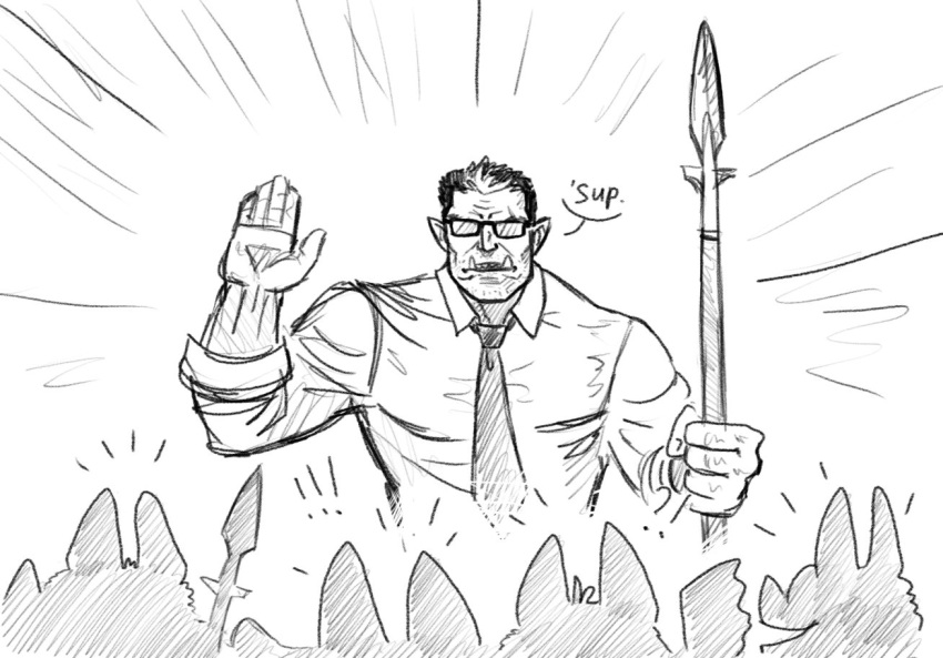 1boy, bat_(animal), glasses, greyscale, monochrome, oaksentinel, orc, polearm, randon_(vtuber), salaryman, spear, tagme, tusks, vesties_(noir_vesper), waving, weapon