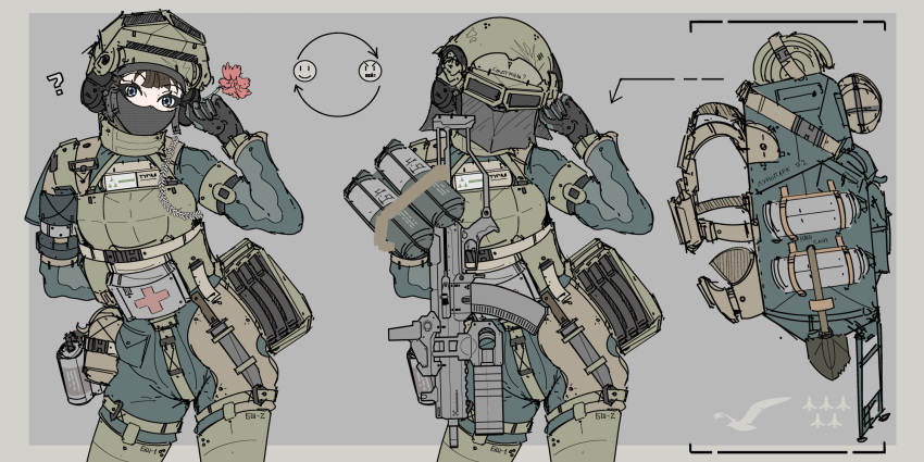1girl, ?, angry, arm_behind_back, army, assault_rifle, backpack, bag, black_gloves, blue_eyes, combat_medic, gloves, goggles, goggles_on_head, gun, helmet, highres, long_sleeves, looking_at_viewer, magazine_(weapon), mask, medic, military_uniform, mouth_mask, original, pants, rifle, smile, solo, standing, suihei_(foltheck), uniform, weapon