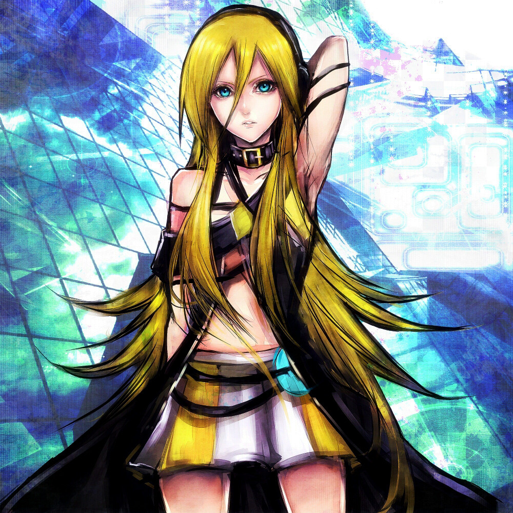 blonde_hair, blue_eyes, cable, cd, collar, headphones, lily_(vocaloid), long_hair