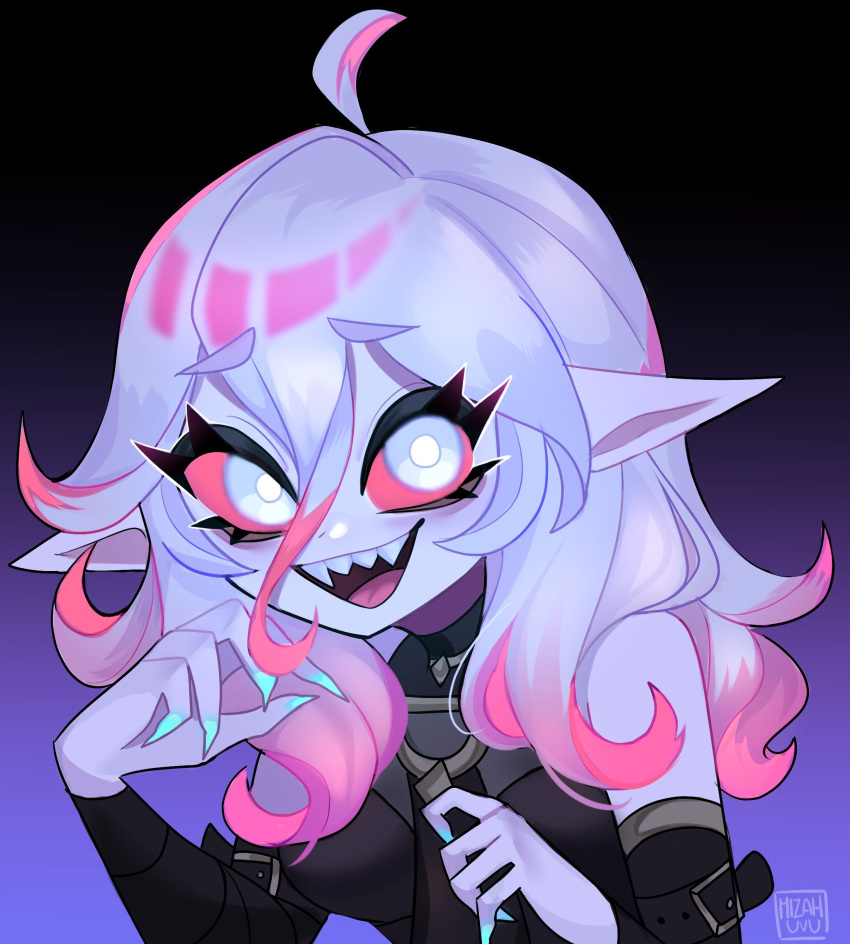1girl, :d, absurdres, ahoge, artist_name, bare_shoulders, briar_(league_of_legends), colored_sclera