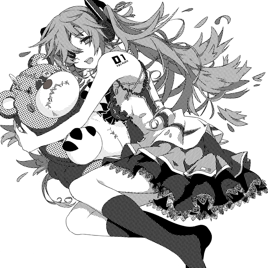 hatsune_miku, headphones, long_hair, lying, monochrome, no_more, on_side, solo