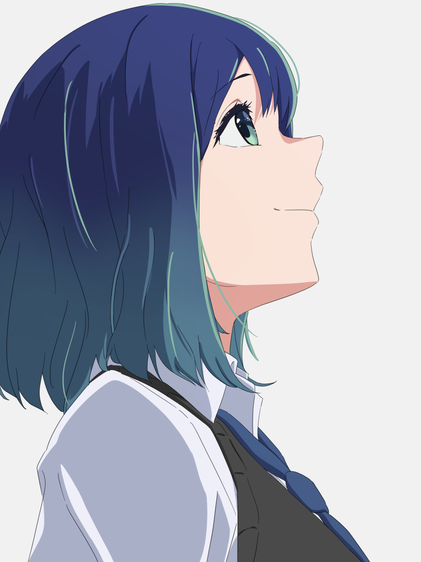 1girl, absurdres, black_sweater_vest, blue_eyes, blue_hair, blue_necktie, breasts, closed_mouth