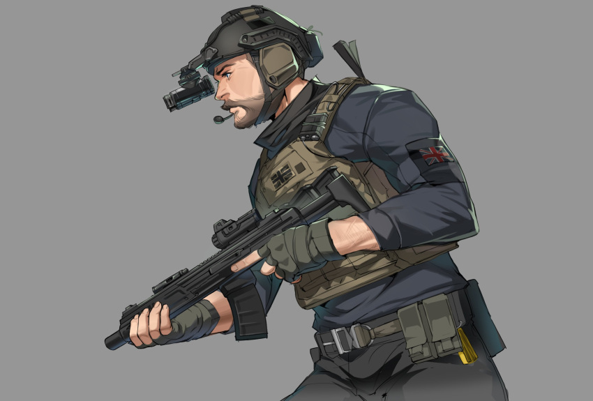 1boy, ammunition_pouch, assault_rifle, beard, belt, belt_pouch, black_belt, black_hair