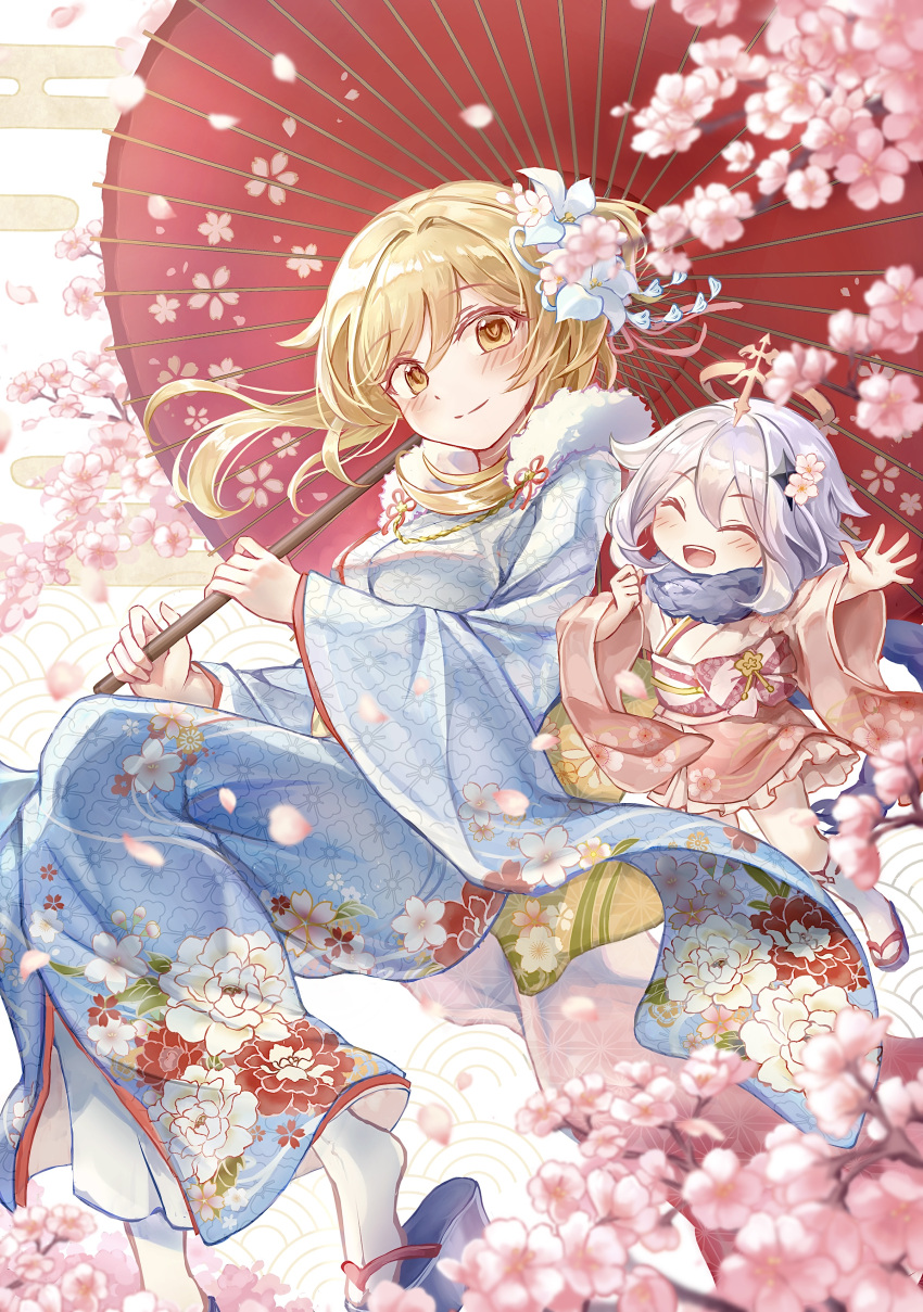 2girls, absurdres, blonde_hair, blue_kimono, blush, cherry_blossoms, closed_mouth, fur-trimmed_kimono