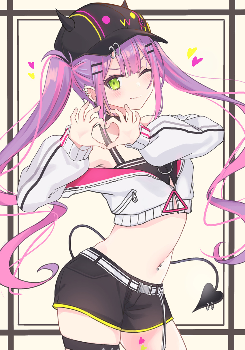 1girl, baseball_cap, belt, black_choker, black_headwear, black_shorts, black_tank_top, choker