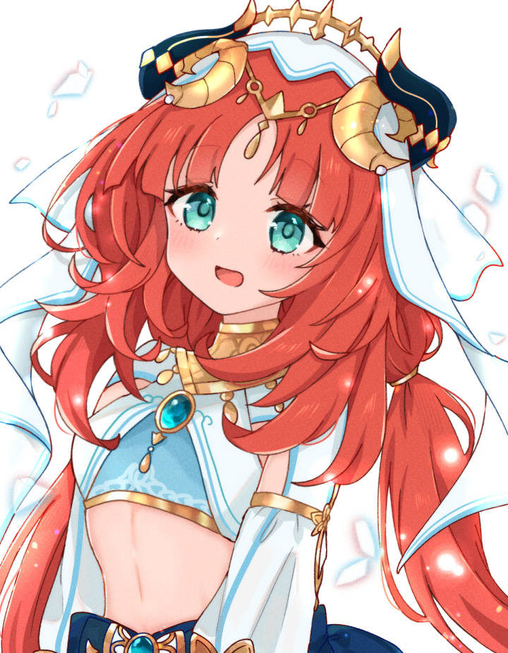 1girl, aqua_eyes, aqua_gemstone, blush, crop_top, genshin_impact, gold_trim, harem_outfit