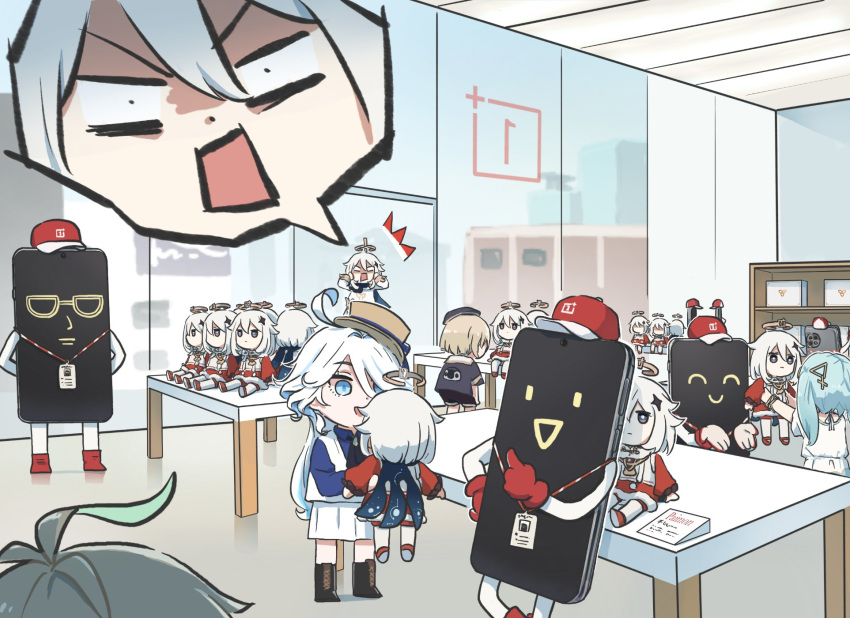 2boys, 3girls, ahoge, alhaitham_(genshin_impact), artist_name, cellphone, character_doll, chibi