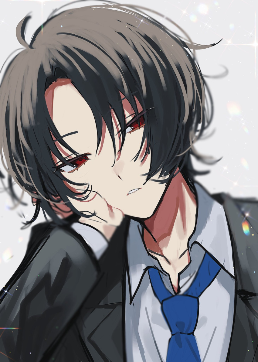 1boy, alternate_hairstyle, black_hair, black_jacket, blue_necktie, collared_shirt, ensemble_stars!, grey_background