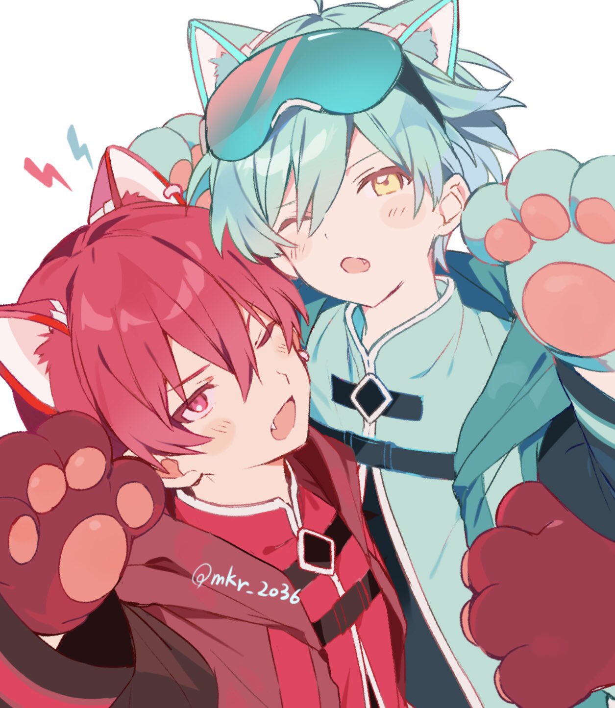 2boys, animal_ears, animal_hands, blue_hair, blush, cat_boy, cat_ears, fang, gloves, highres, idolish7, inumaru_toma, isumi_haruka, light_blue_hair, male_focus, mkr_2036, multiple_boys, one_eye_closed, paw_gloves, paw_pose, red_eyes, redhead, short_hair, twitter_username, white_background, yellow_eyes