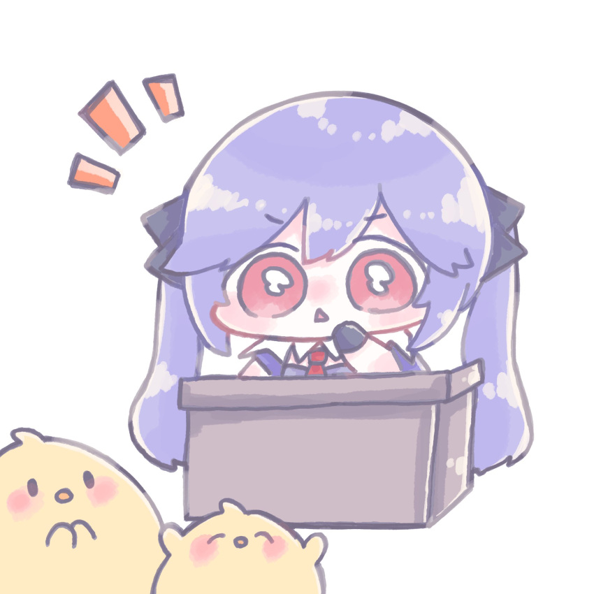 !, !!, 1girl, azur_lane, chibi, essex_(azur_lane), hair_between_eyes, hair_ornament, highres, i_upiyo01, manjuu_(azur_lane), open_mouth, podium, simple_background, twintails, violet_eyes, white_background