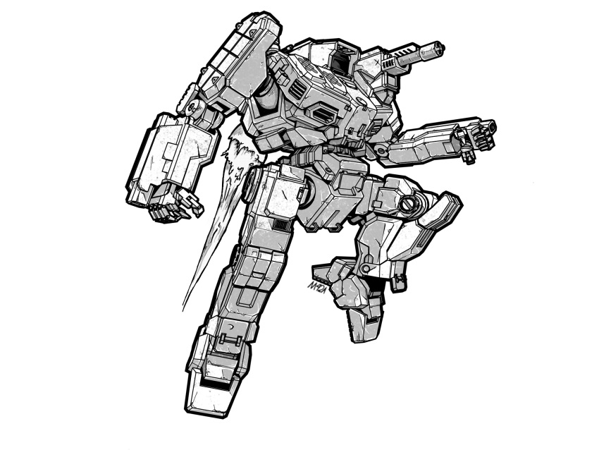 arm_cannon, artist_name, battletech, flying, greyscale, highres, m42a-geigera42, mecha, monochrome, open_hand, robot, science_fiction, shadowhawk, shoulder_cannon, solo, weapon, white_background